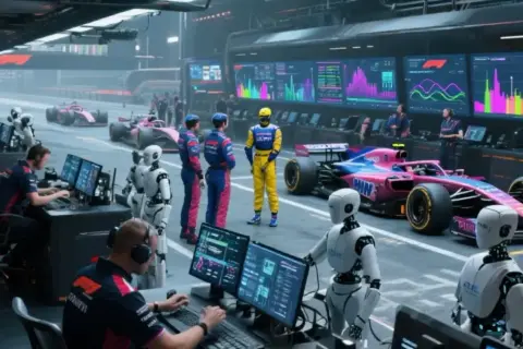 W garażu F1, gdzie roboty i ludzie analizują dane, widać, co to jest telemetria: wykresy na ekranach pokazują parametry bolidów.