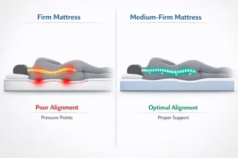 Diagram shows a firm mattress causing poor spinal alignment and pressure points, while a medium-firm mattress offers optimal alignment. This is key for the best mattress 2026.