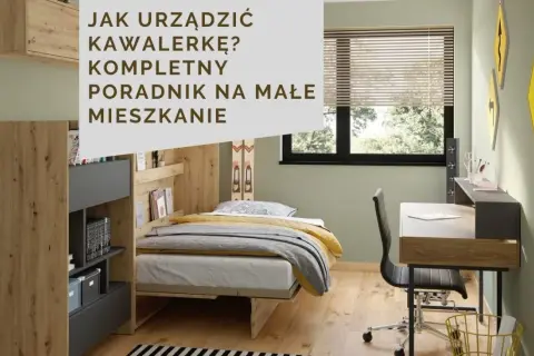 Urzadzona kawalerka: łóżko, biurko i regały tworzą funkcjonalną przestrzeń. Poradnik na małe mieszkanie.