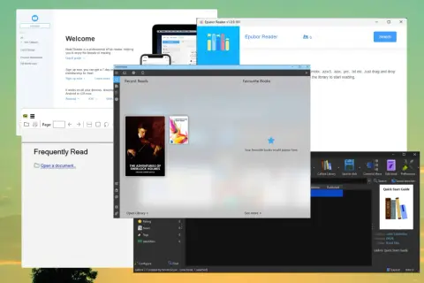 Interface d'un lecteur ePub pour Windows 10, montrant des livres récents et des favoris.