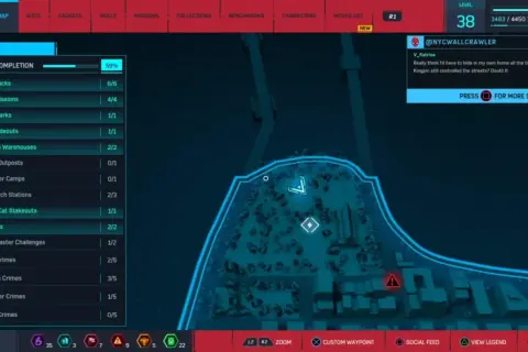 Mapa Spider-Man 2 z postępem w dzielnicy Harlem. Widać listę zadań i ukończonych aktywności, takich jak kryjówki Fisk, magazyny demonów i gołębie.