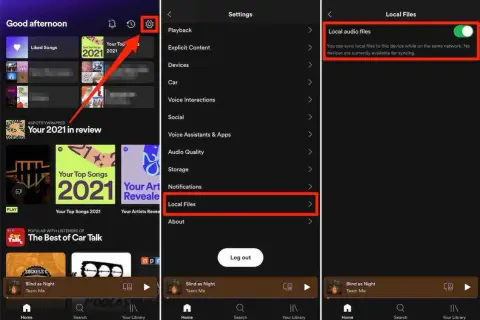 Ekran telefonu z aplikacją Spotify, pokazujący ustawienia i opcję "Pliki lokalne".