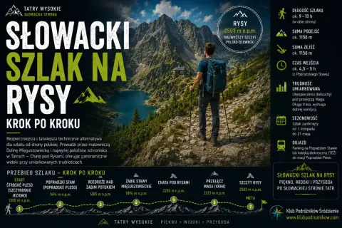 Słowacki szlak na Rysy: trasa od strony słowackiej, umiarkowana trudność, czas przejścia ok. 9-10h. Widoki zapierają dech!