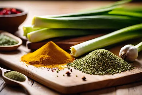 Poireaux frais, curcuma, coriandre en grains et ail. Quelle épice avec le poireau pour un plat savoureux ?