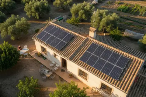 Casa rural con paneles solares en el tejado, ideal para el cálculo del consumo eléctrico. Rodeada de olivos y huerto.