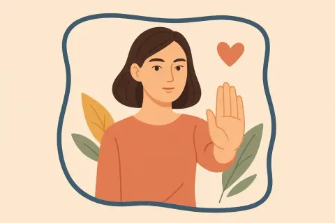 Kobieta z podniesioną dłonią, symbolizująca konsekwencję w wychowaniu. Obok serce i liście.