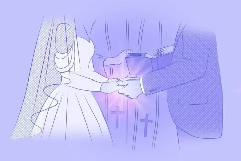 Para młoda trzyma się za ręce, składając przysięgę. W tle widać krzyże i księgę.