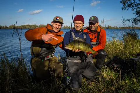 Drei glückliche Angler präsentieren stolz ihren Fang beim Angeln an der Maas. Ein schöner Barsch im Mittelpunkt.