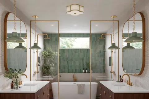 Elegant bathroom with dual vanities, a freestanding tub, and green tiled showers. Learn how to hang a bathroom mirror in this stylish space.