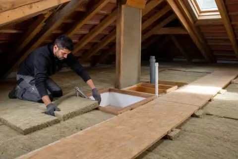 Uomo che posiziona pannelli isolanti per come isolare il sottotetto fai da te. L'ambiente è un sottotetto con travi in legno e lucernario.