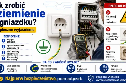 Instrukcja bezpiecznego zerowania gniazdka: wyłącz zasilanie, sprawdź przewód PE, zleć pomiary elektrykowi. Nie pracuj pod napięciem.