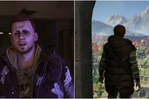 Dying Light 2: Damien, z blizną na twarzy, patrzy w dal na krajobraz miasta.