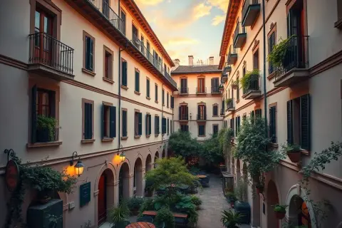 Cortile interno con case di ringhiera, balconi fioriti e tavolini all'aperto. Un'atmosfera serale accogliente.