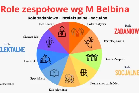 Diagram ról zespołowych wg M. Belbina: zadaniowe, intelektualne, socjalne. Kluczowe dla przywództwa w organizacji.