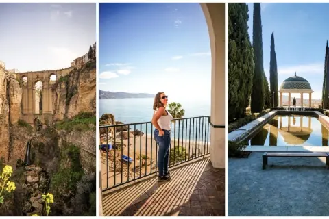 Most impressive atrakcje w Hiszpanii: most w Ronda, widok na morze z tarasu i piękny ogród z altaną.