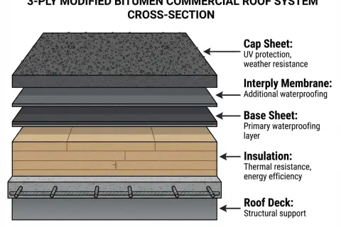 Cross-section of a 3-ply modified bitumen roof installation, showing layers from roof deck to cap sheet for waterproofing and insulation.