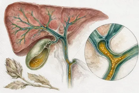 Illustration du foie, de la vésicule biliaire et des voies biliaires, montrant des dépôts jaunâtres suggérant une accumulation de bilirubine conjuguée.