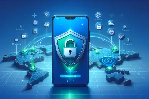Telefon z tarczą i kłódką na tle mapy świata z ikonami usług.