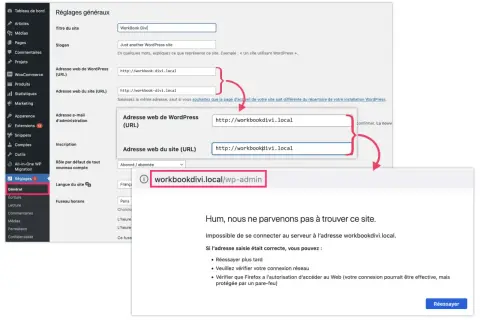 Configuration des adresses URL dans WordPress. Le site "workbookdivi.local" n'est pas accessible.