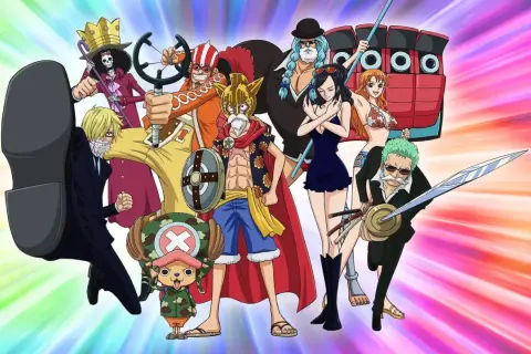 Die One Piece Crew versammelt sich für ein Abenteuer! Von Sanjis Tritt bis zu Zorros Schwert, sie sind bereit für alles.