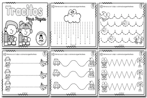 Hojas de fichas grafomotricidad con dibujos de niños, nubes, peces, monos, coches y palmeras para practicar trazos.