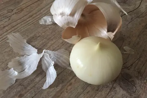 Eine geschälte Knoblauchfrucht liegt neben ihren papierartigen Schalen auf einer Holzoberfläche.