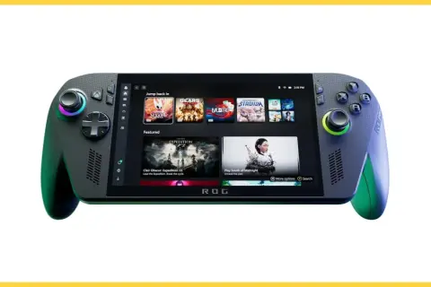 ROG Ally X, przenośna konsola do gier, prezentuje interfejs z grami Xbox.