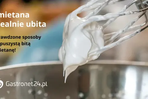 Idealnie ubita śmietana z śmietanki 30 na trzepaczce miksera. Puszysta i gotowa do deserów.