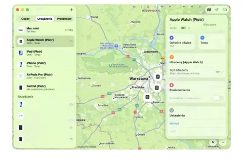 Jak znaleźć iPhone? Aplikacja Lokalizator pokazuje na mapie Warszawy urządzenia Piotra, w tym iPhone'a. Można odtworzyć dźwięk lub włączyć tryb utracony.