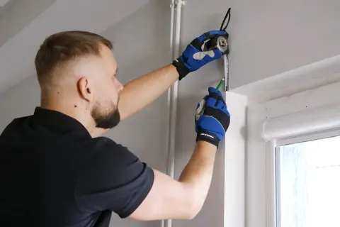 Mężczyzna w rękawiczkach mierzy ścianę taśmą i zaznacza ołówkiem miejsce montażu karnisza.