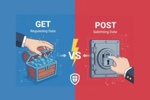 Illustration comparant la différence entre GET (ouvrir un coffre pour récupérer des données) et POST (verrouiller un coffre pour soumettre des données).