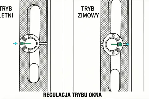 Ilustracja pokazuje, jak wyregulować okno: tryb letni i zimowy. Pokrętło z zieloną kropką wskazuje pozycję.