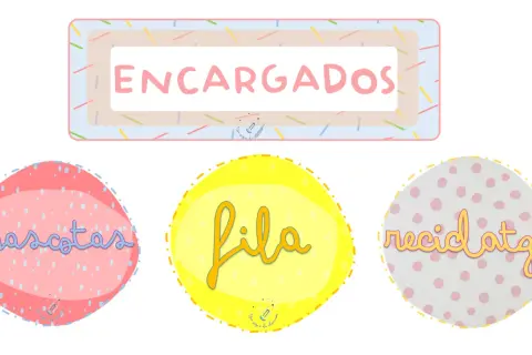 Diseño para imprimir: "Encargados de clase" con círculos para "mascotas", "fila" y "reciclaje".
