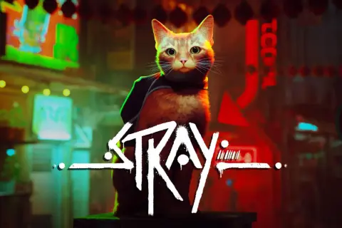 Rudy kot z plecakiem siedzi na tle neonowego miasta. Logo gry "Stray" jest widoczne.