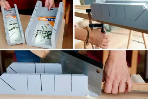 Herramienta para cortar rodapié a mano con precisión. Se muestra el uso de una caja de ingletes y una sierra para realizar cortes limpios.