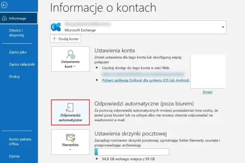 Ustawienia konta Outlook, gdzie można skonfigurować autoresponder do automatycznych odpowiedzi poza biurem.