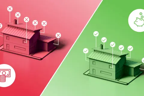 Dwa domy: czerwony z krzyżykami i ikoną pieniędzy, zielony z zaznaczeniami i skarbonką. Smart dom to oszczędność.