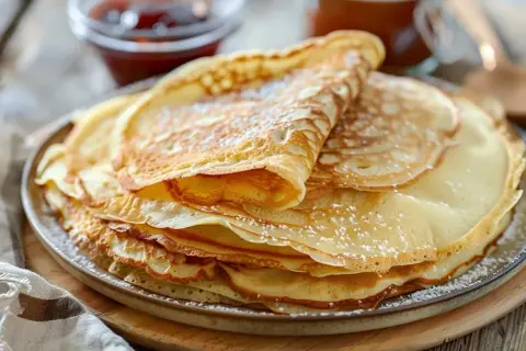 En hög med gyllene pannkakor, pudrade med florsocker. Perfekt för ett enkelt pannkakor recept.