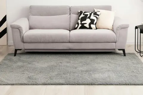Grauer Hochflorteppich vor einem Sofa. So reinigen Sie Ihren langflorigen Teppich für ein frisches Zuhause.