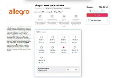 Karta podarunkowa Allegro z cashback 1.5%. Wybierz kwotę 500 zł i zyskaj 7,50 zł zwrotu.