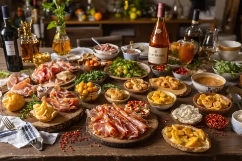 Un festin pour un apéritif : charcuterie, fromages, fruits, légumes et bouteilles de vin sur une table en bois.