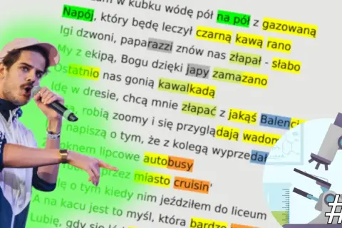 Raper z mikrofonem na tle tekstu piosenki. Czy to limeryk? Nie, to tekst utworu, który analizuje naukowiec z mikroskopem.