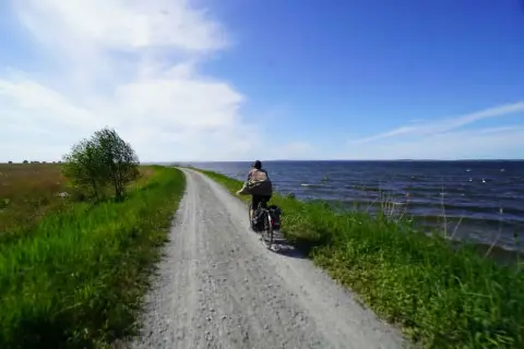 Rowerzysta przemierza malownicze trasy rowerowe Szczecin wzdłuż jeziora.