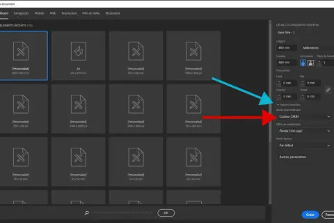 Fenêtre de création de document dans Photoshop. Le mode colorimétrique CMJN est sélectionné pour une impression de haute qualité.