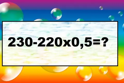 Kolorowe bańki i tęczowe tło. Na środku prostokąt z napisem: 230-220x0,5=? Rozwiąż zagadkę Jakuba 11!