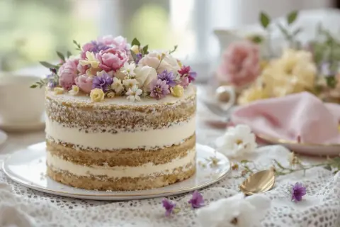 Gâteau naked cake avec crème fourrage, décoré de fleurs fraîches. Une table dressée pour un thé printanier.