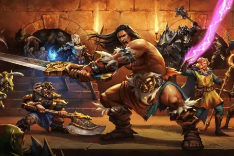 Helden kämpfen gegen Monster. Die Helden sind ein Barbar, ein Zwerg, eine Elfe und ein Magier. Die Monster sind Orks, Skelette und ein Ritter. Die Szene erinnert an die HeroQuest Erweiterungen Reihenfolge.