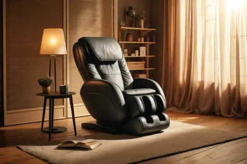 En lyxig svart massagefåtölj står på en matta i ett rum med varm belysning. Bredvid finns ett litet bord med en lampa och en bok.