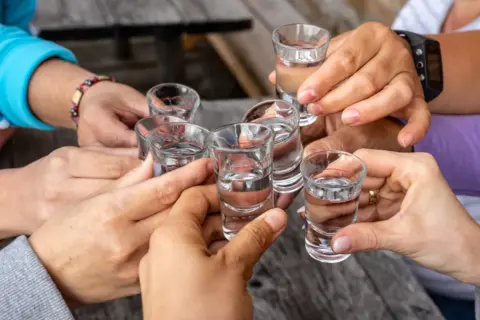 Grupa osób wznosi toast kieliszkami. Pamiętajmy, że alkohol obciąża nerki.