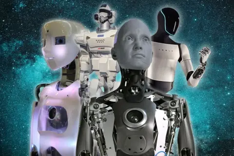 Różnorodne roboty humanoidalne, od futurystycznych po bardziej mechaniczne, prezentują przyszłość technologii.
